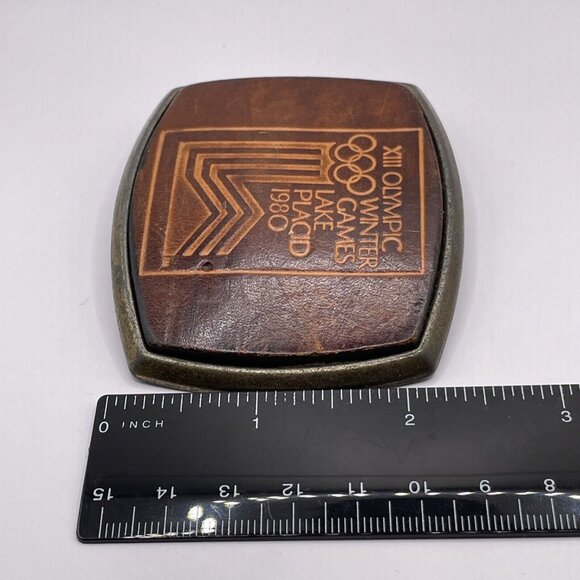 1980 VTG Lake Placid Olympics Winter New York Brown Leather Belt Buckle El Cid - Picture 10 of 10
